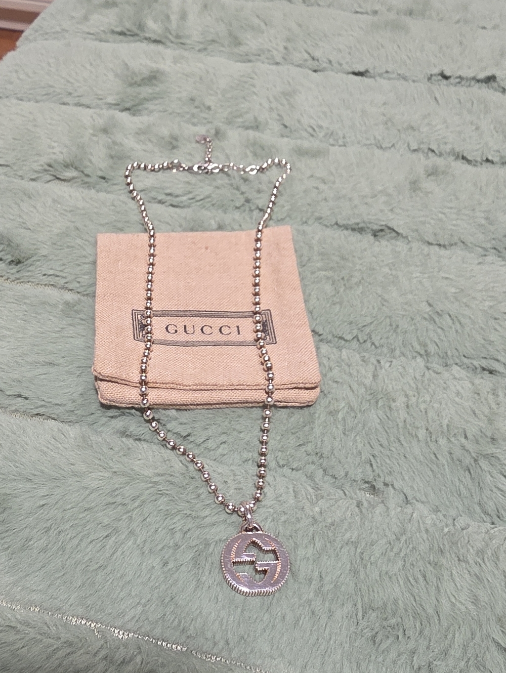 Gucci Silver Double G Round Pendant Ball Chain Necklace
